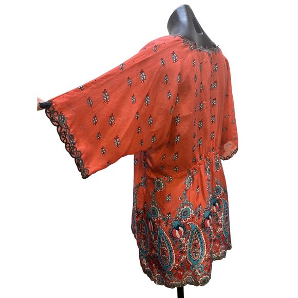 Johnny Was Silk Coral Sheer Floral Tunic Top w/Lace Trim Size L - Picture 7 of 10